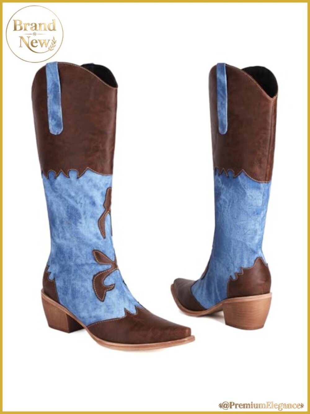 Women Denim Patchwork Cowboy Boots Mid Calf Chunky Heel Pointed Toe Pull On